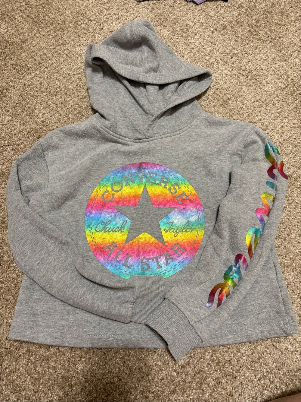 Converse Kids Gray Hoodie with Rainbow All Star Logo and Sleeve Detail